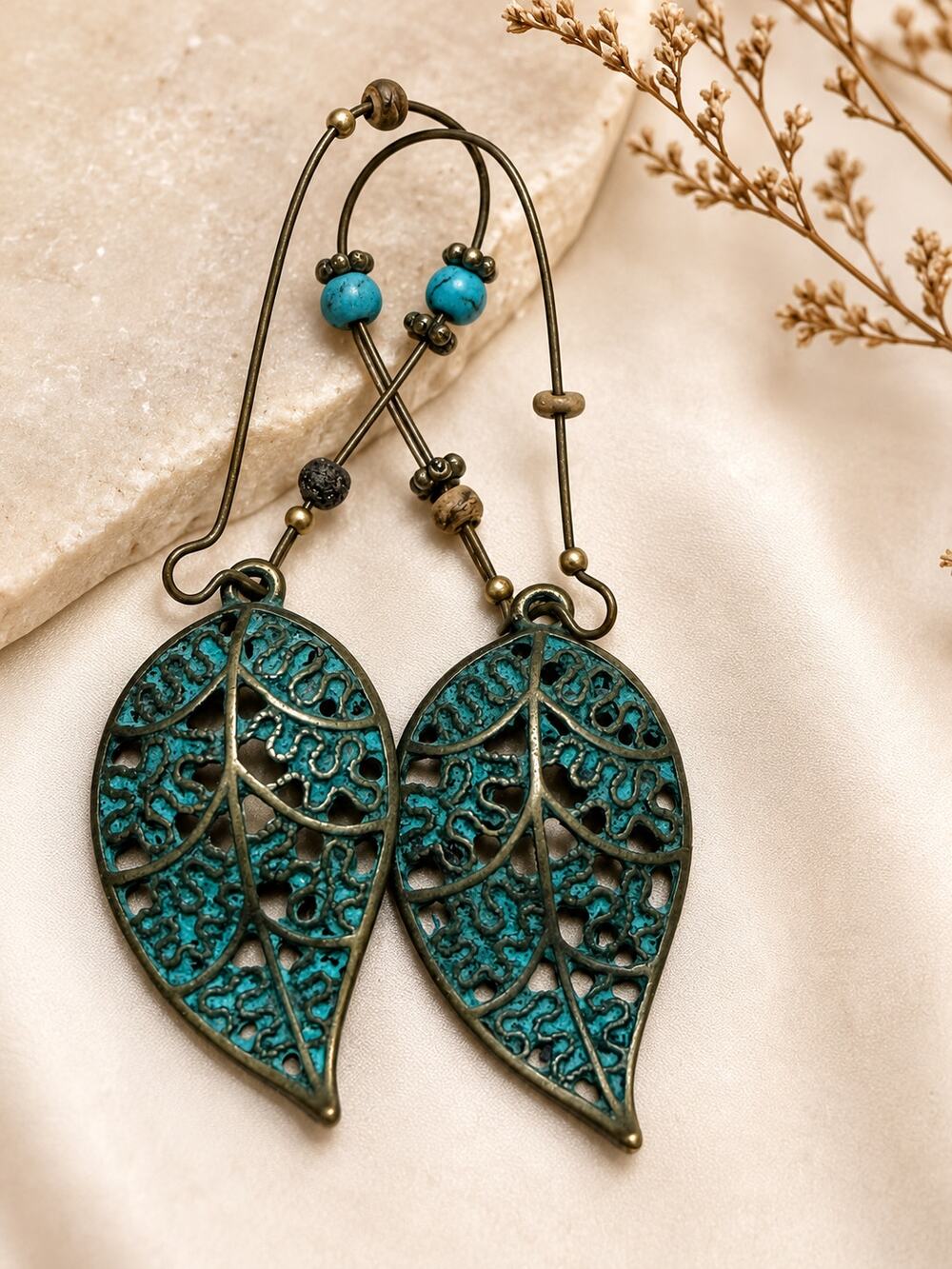 VTG Boho Patina Leaf Dangle Earrings Turquoise Bronze Filigree Artisan Statement